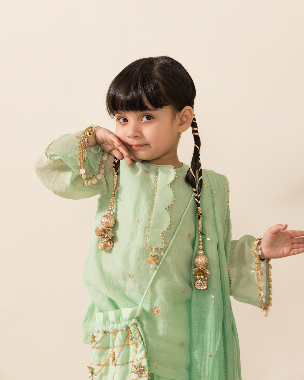 Gota Embellished 3 Pc Set- Pastel Green
