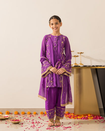 Anarkali Kurta Farshi Set 3Pc- Purple
