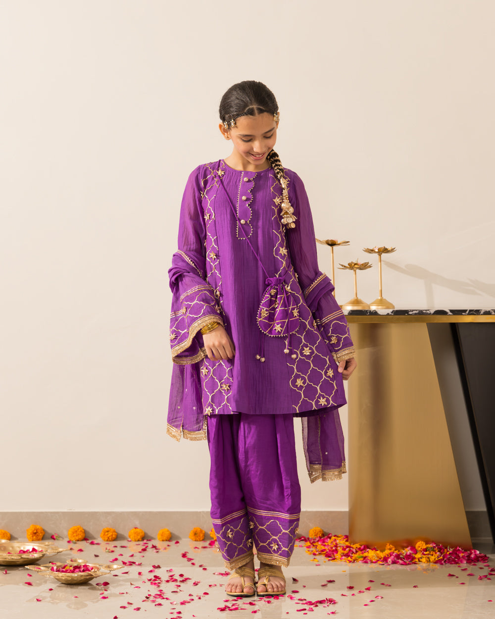 Anarkali Kurta Farshi Set 3Pc- Purple