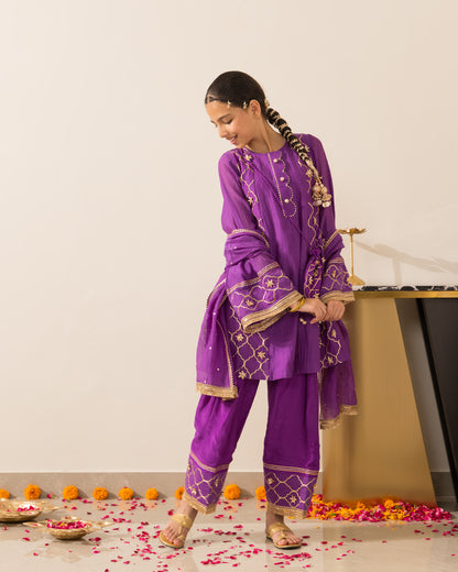 Anarkali Kurta Farshi Set 3Pc- Purple