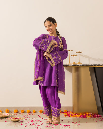 Anarkali Kurta Farshi Set 3Pc- Purple