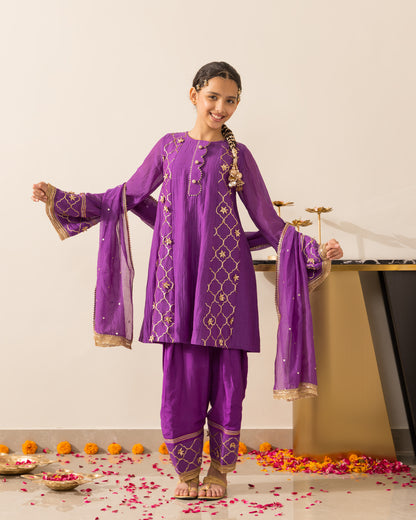 Anarkali Kurta Farshi Set 3Pc- Purple