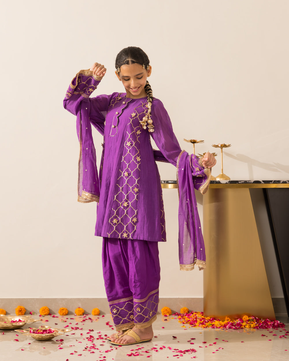Anarkali Kurta Farshi Set 3Pc- Purple