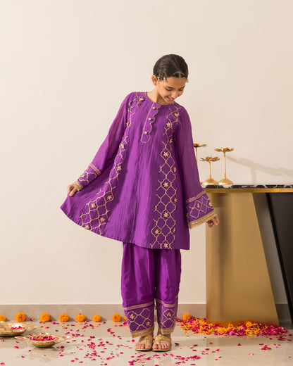 Anarkali Kurta Farshi Set 3Pc- Purple