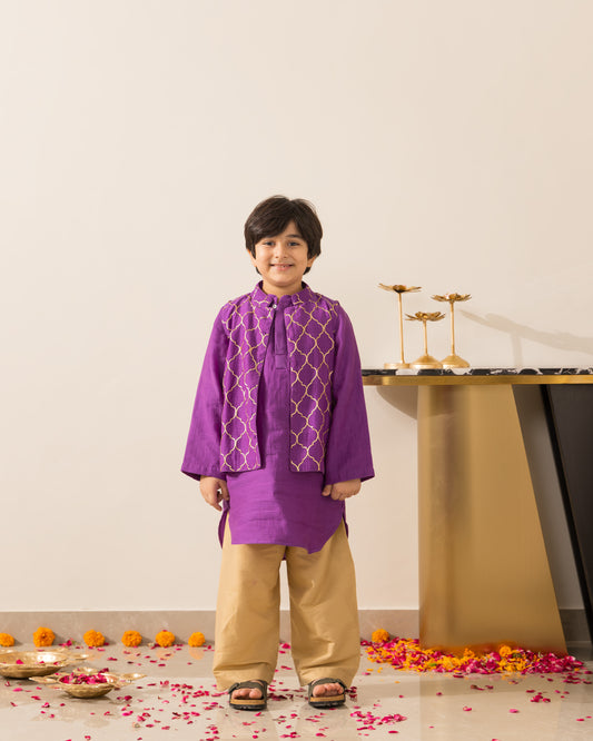 Royal Purple Embroidered Jacket Kurta Set