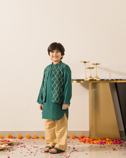 Emerald Green Embroidered Jacket Kurta Set