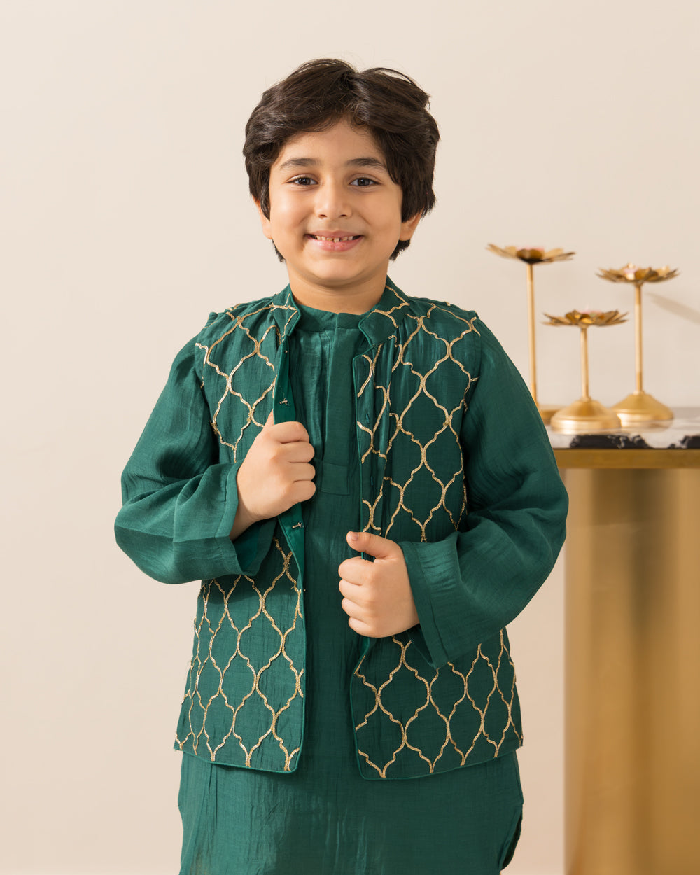 Emerald Green Embroidered Jacket Kurta Set