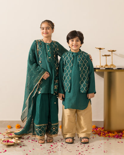 Emerald Green Embroidered Jacket Kurta Set
