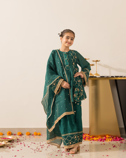 Anarkali Kurta Farshi Set 3Pc- Emerald Green