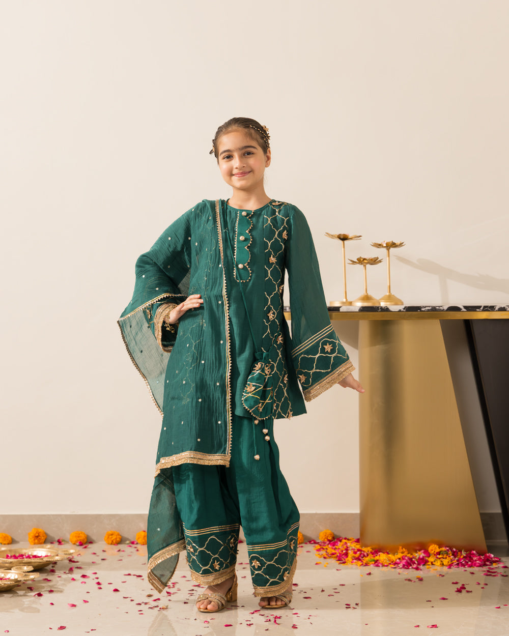Anarkali Kurta Farshi Set 3Pc- Emerald Green
