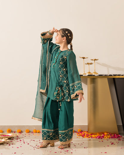 Anarkali Kurta Farshi Set 3Pc- Emerald Green