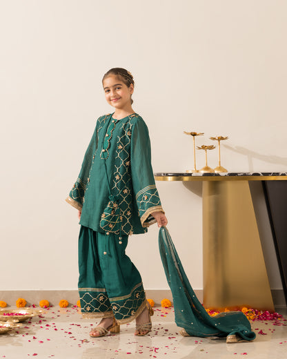 Anarkali Kurta Farshi Set 3Pc- Emerald Green
