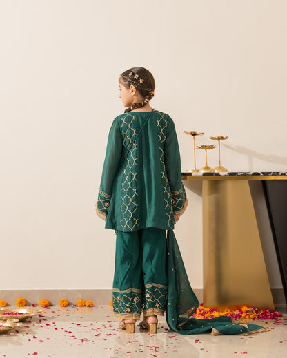 Anarkali Kurta Farshi Set 3Pc- Emerald Green