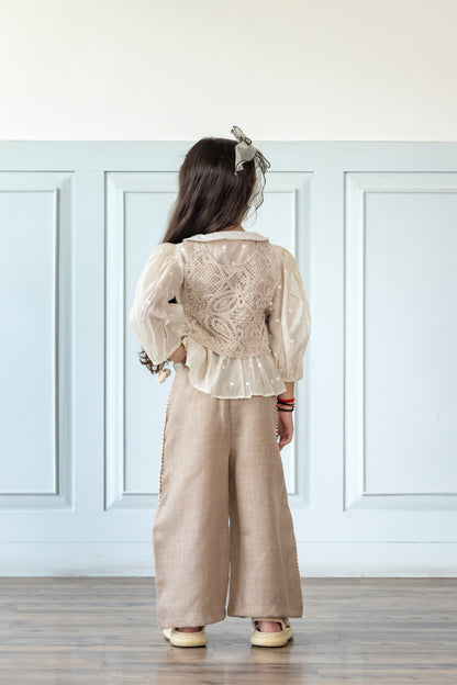 Beige Linen Coord Set With Crochet Bib