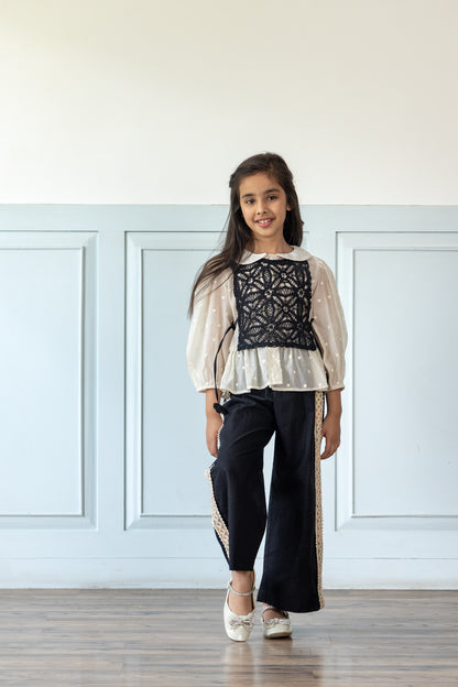 Black Linen Coord Set With Crochet Bib