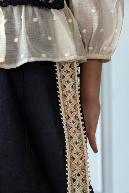 Black Linen Coord Set With Crochet Bib