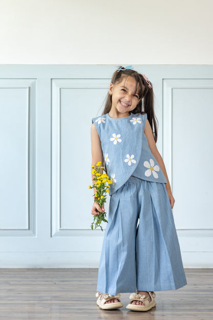 Light Blue Daisy Embroidered Denim Co-ord Set