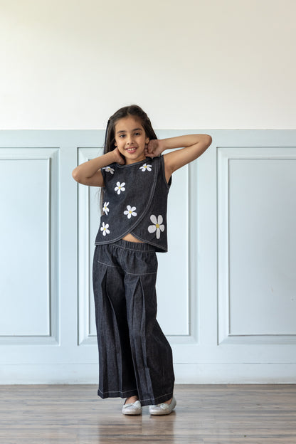 Daisy Embroidered Black Denim Co-ord Set