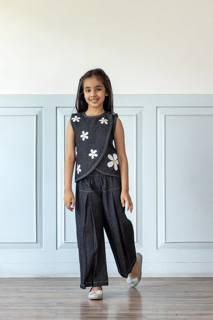 Daisy Embroidered Black Denim Co-ord Set