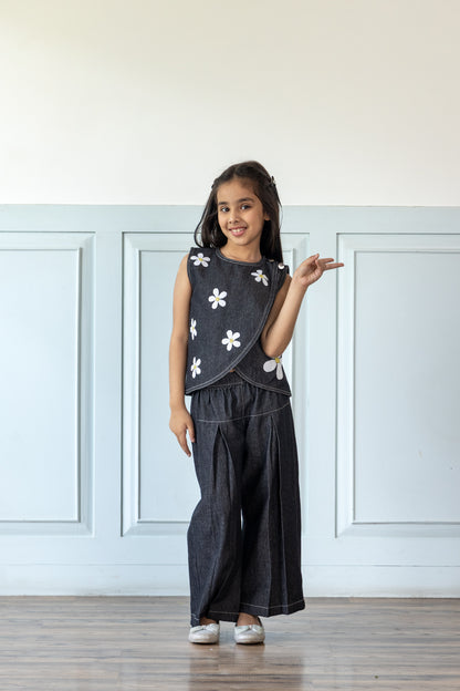 Daisy Embroidered Black Denim Co-ord Set