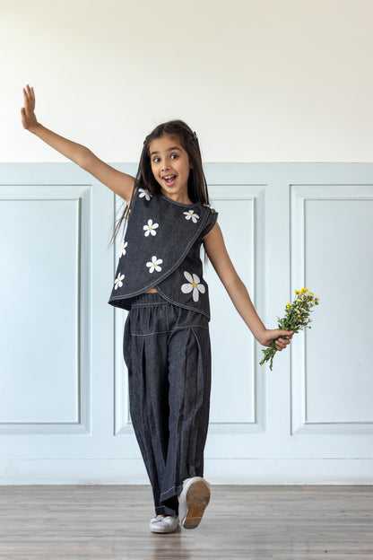 Daisy Embroidered Black Denim Co-ord Set