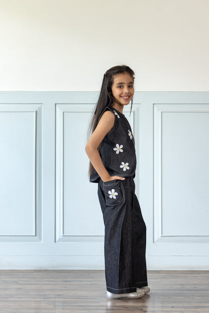 Daisy Embroidered Black Denim Co-ord Set