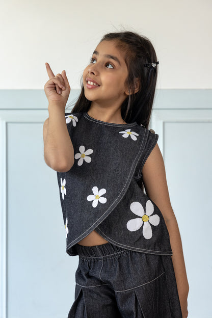 Daisy Embroidered Black Denim Co-ord Set
