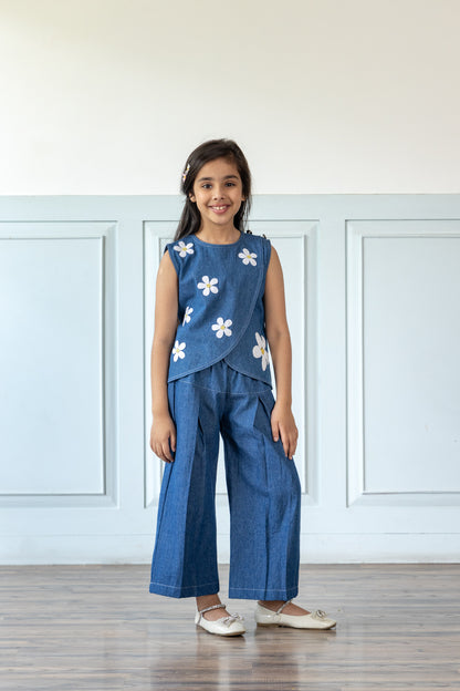 Indigo Blue Daisy Embroidered Denim Co-ord Set