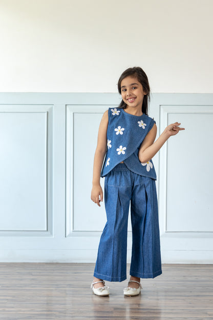 Indigo Blue Daisy Embroidered Denim Co-ord Set