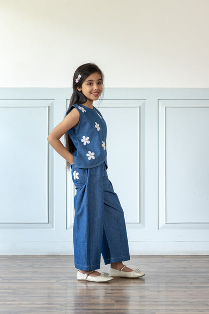 Indigo Blue Daisy Embroidered Denim Co-ord Set