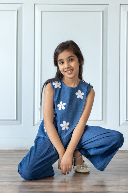 Indigo Blue Daisy Embroidered Denim Co-ord Set