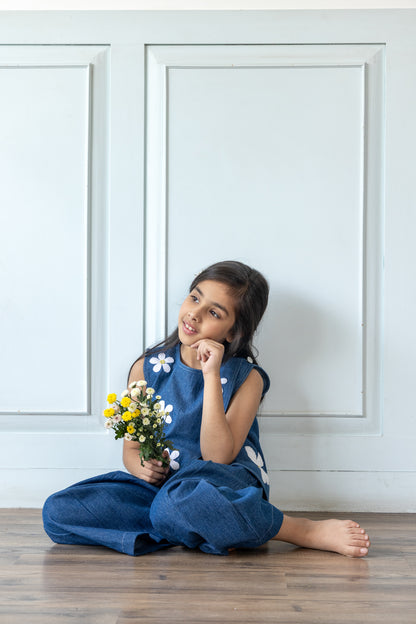 Indigo Blue Daisy Embroidered Denim Co-ord Set