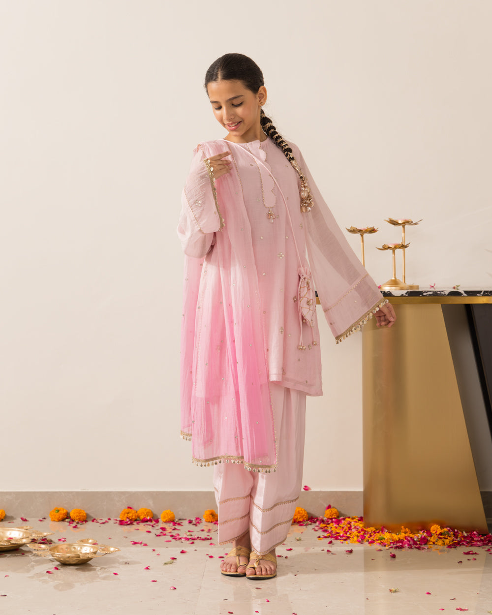 Gota Embellished 3 Pc Set- Pink