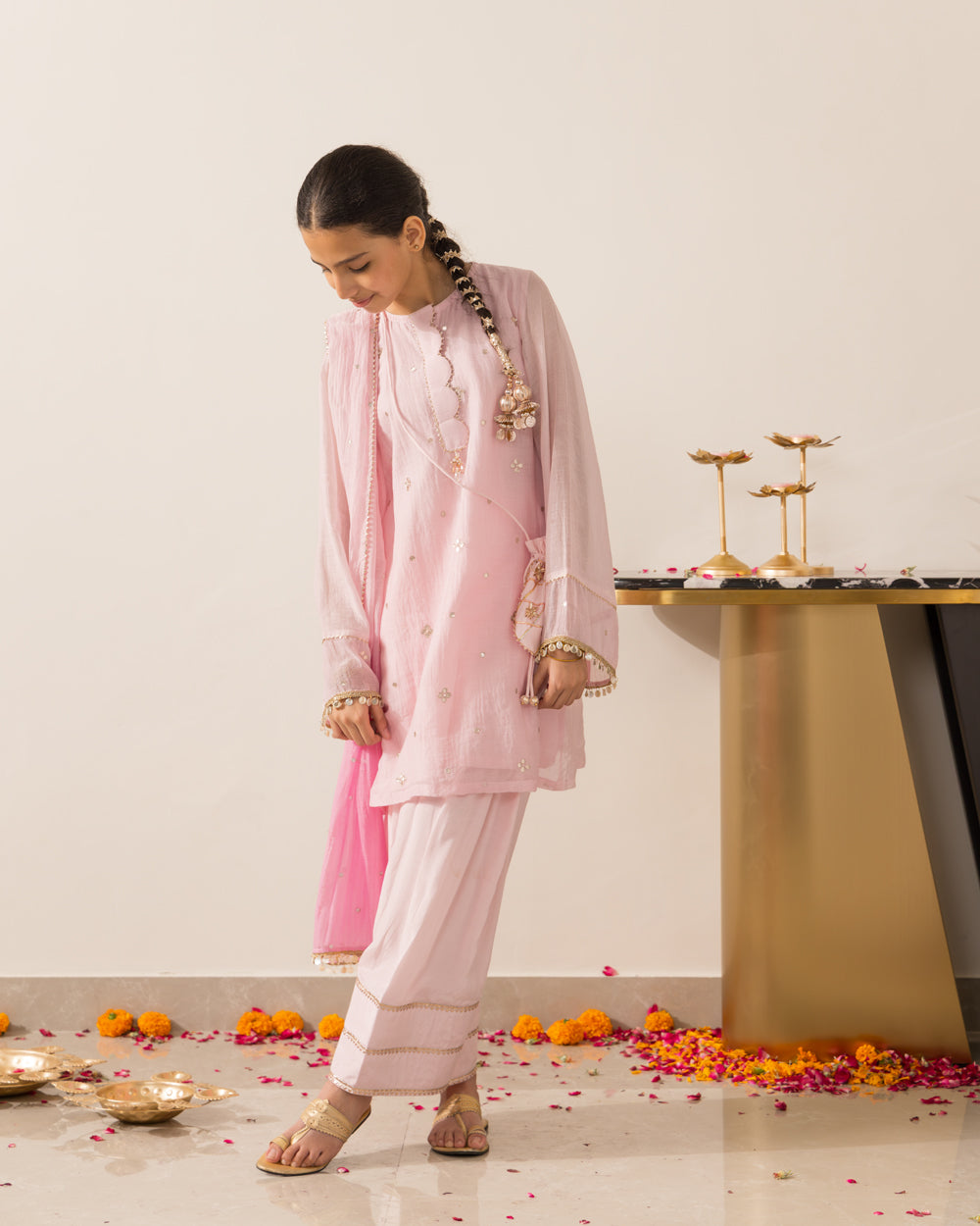 Gota Embellished 3 Pc Set- Pink