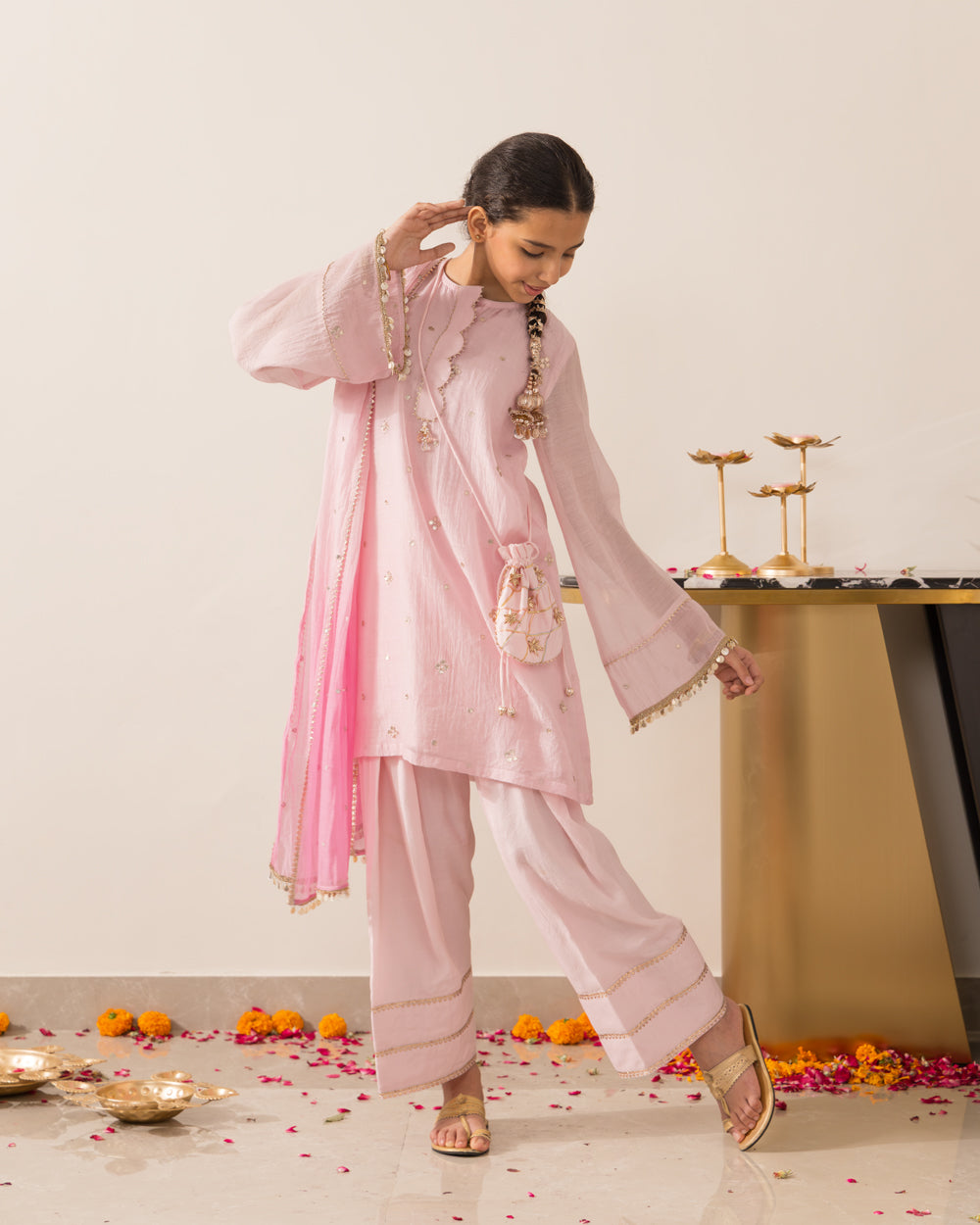 Gota Embellished 3 Pc Set- Pink