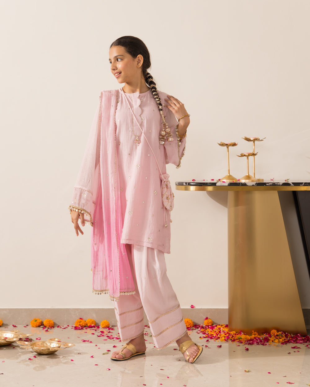 Gota Embellished 3 Pc Set- Pink