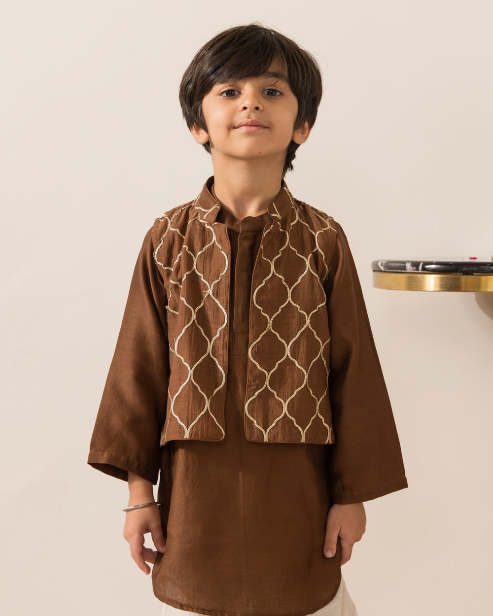Mocha Embroidered Jacket Kurta Set