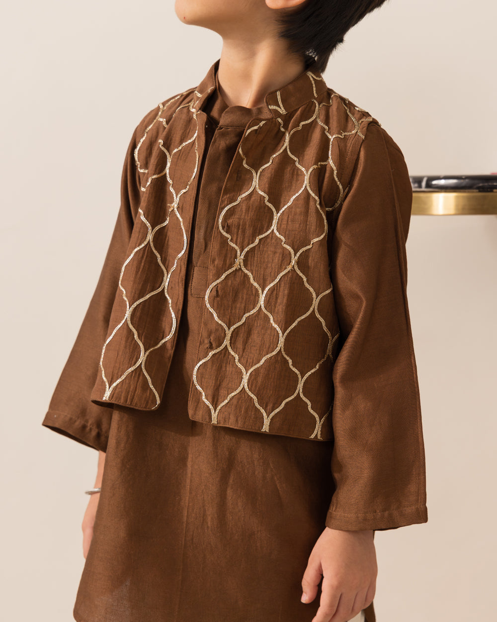 Mocha Embroidered Jacket Kurta Set
