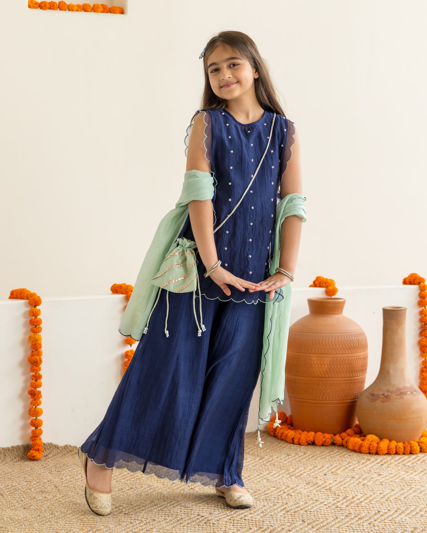 Sharara With Beaded Overlay Set- Midnight Blue