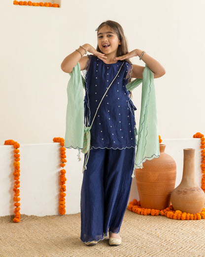 Sharara With Beaded Overlay Set- Midnight Blue