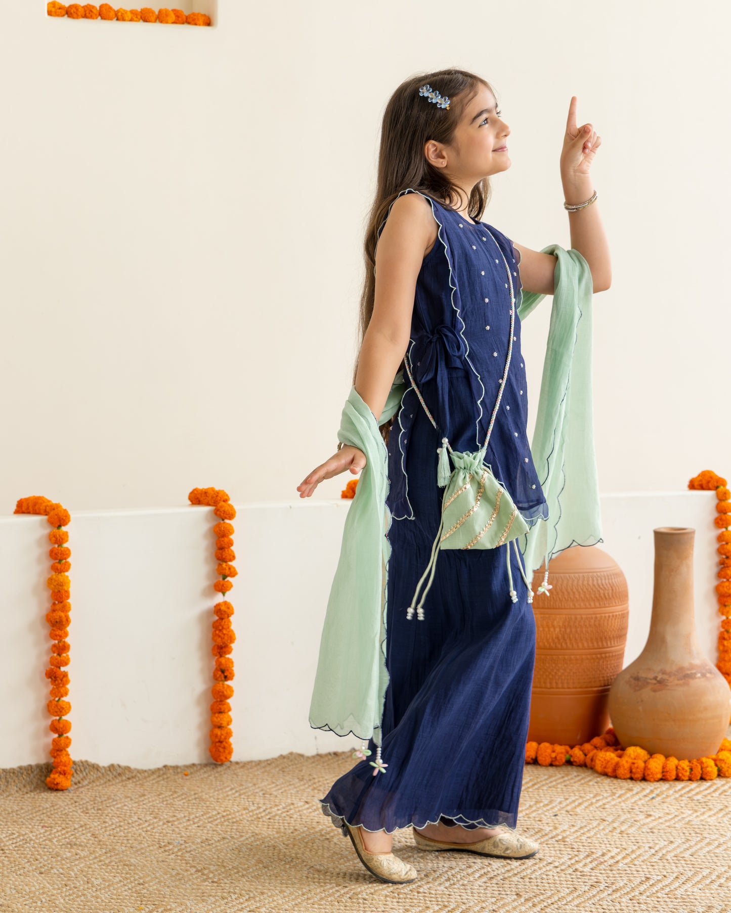 Sharara With Beaded Overlay Set- Midnight Blue
