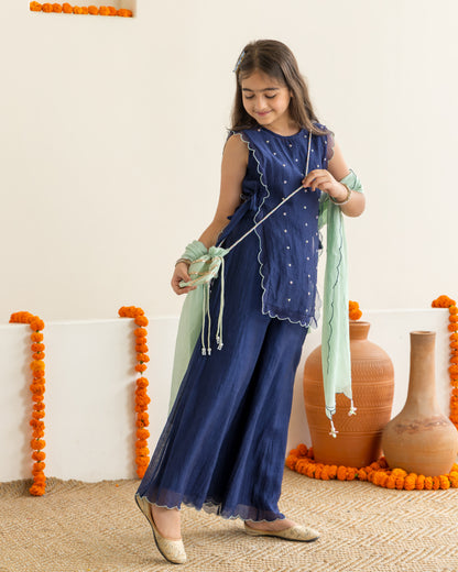Sharara With Beaded Overlay Set- Midnight Blue
