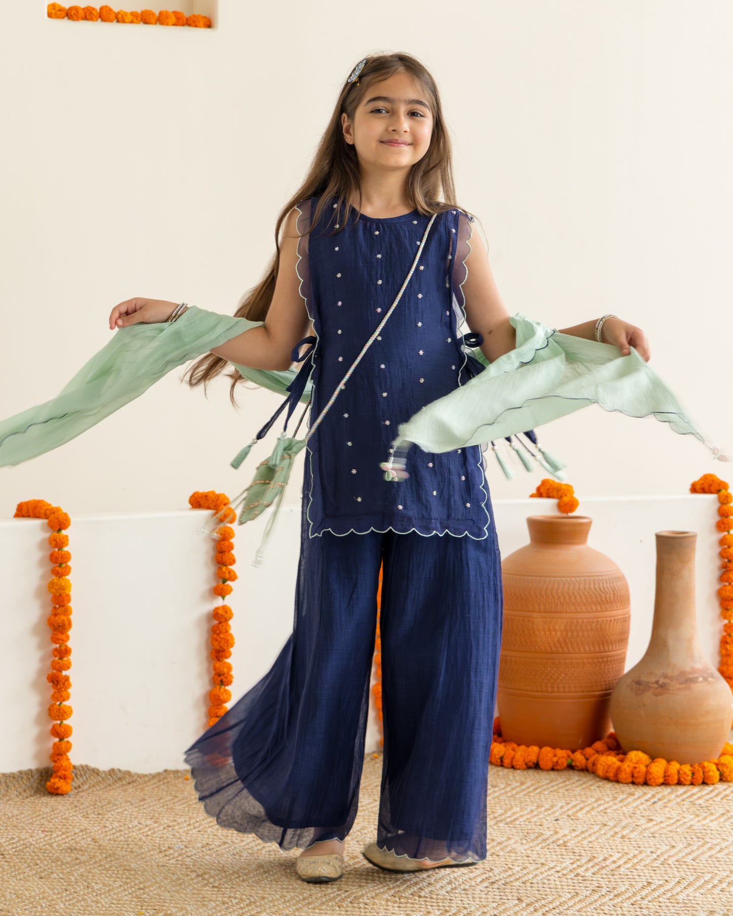 Sharara With Beaded Overlay Set- Midnight Blue