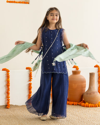 Sharara With Beaded Overlay Set- Midnight Blue
