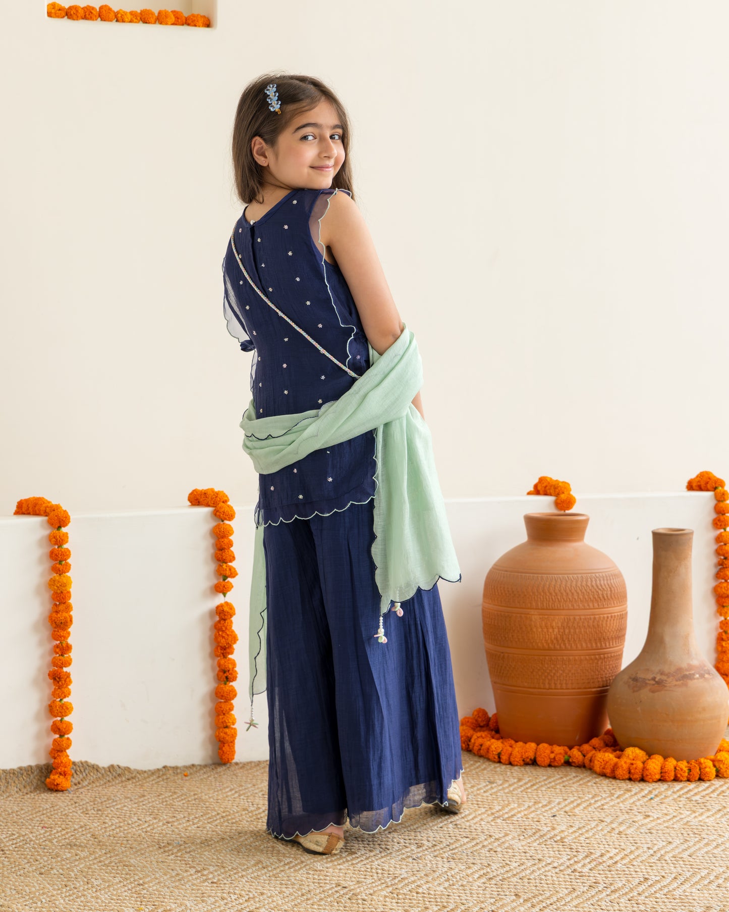 Sharara With Beaded Overlay Set- Midnight Blue