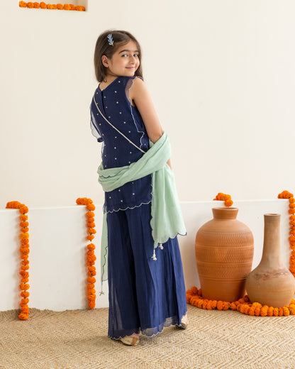 Sharara With Beaded Overlay Set- Midnight Blue
