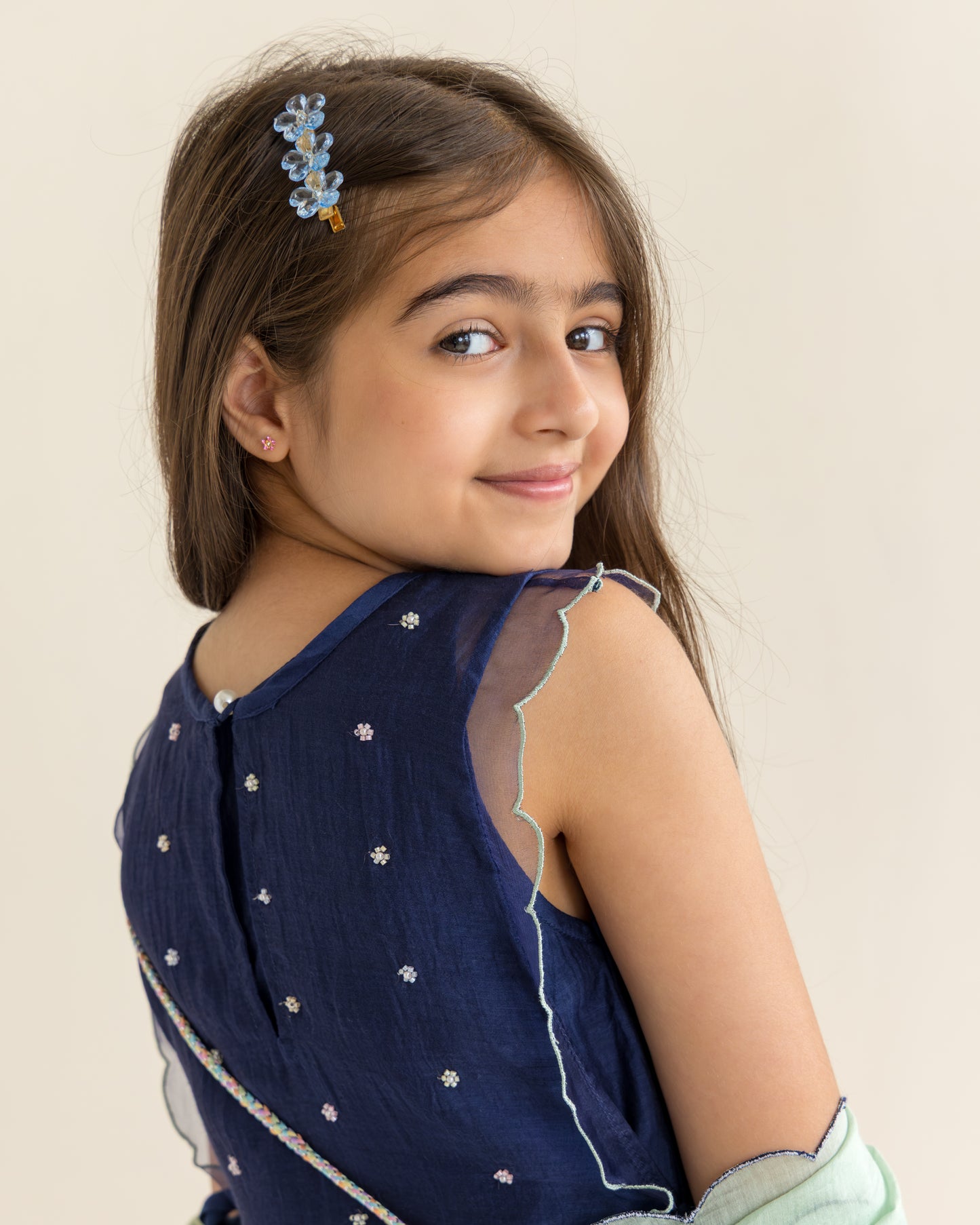 Sharara With Beaded Overlay Set- Midnight Blue