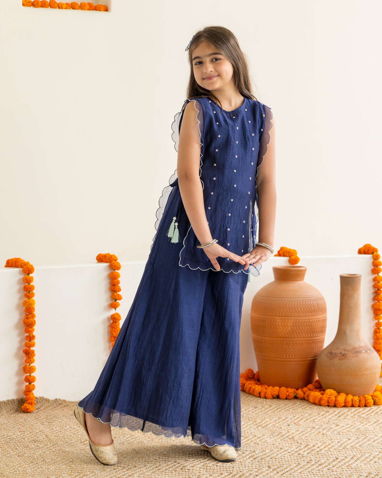 Sharara With Beaded Overlay Set- Midnight Blue