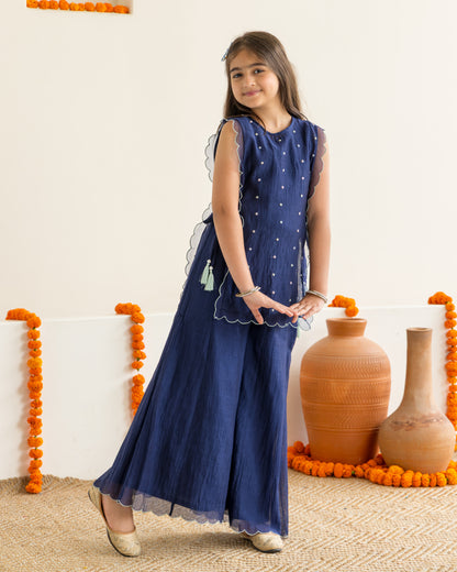 Sharara With Beaded Overlay Set- Midnight Blue