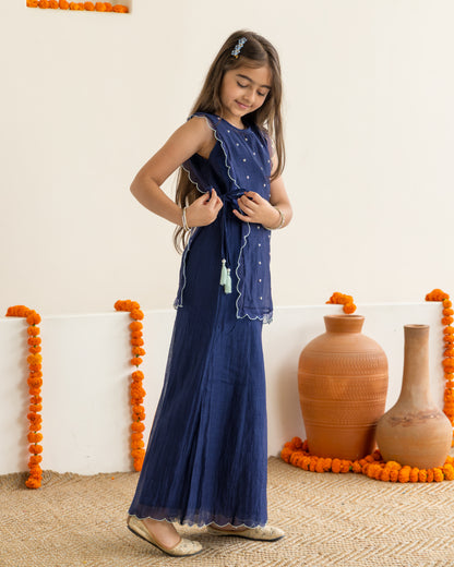 Sharara With Beaded Overlay Set- Midnight Blue